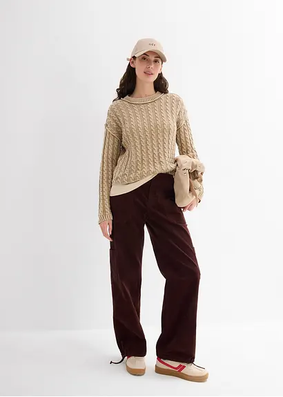 Bonprix Kurz Geschnittener Strickpullover Aus Reiner Baumwolle Mit Zopfmuster Im Washed-Look