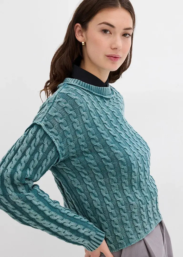 Bonprix Kurz Geschnittener Strickpullover Aus Reiner Baumwolle Mit Zopfmuster Im Washed-Look