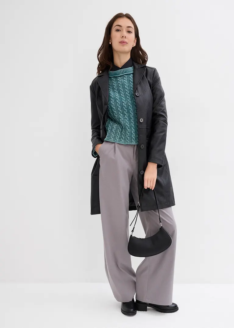 Bonprix Kurz Geschnittener Strickpullover Aus Reiner Baumwolle Mit Zopfmuster Im Washed-Look