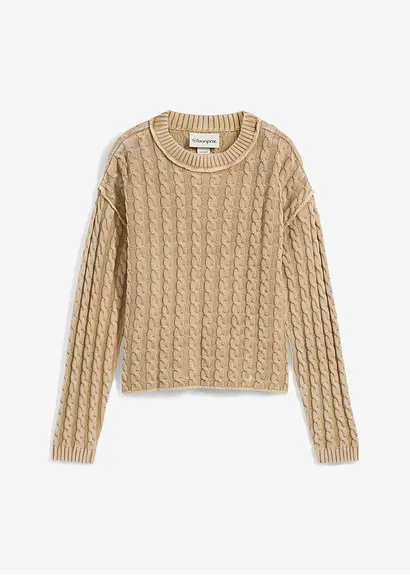 bonprix Kurz geschnittener Strickpullover aus reiner Baumwolle mit Zopfmuster im Washed-Look