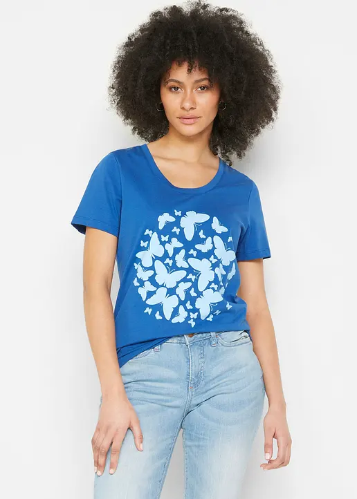 Bonprix Kurzarm-Shirt Mit Schmetterlingsprint - Blau - Damen