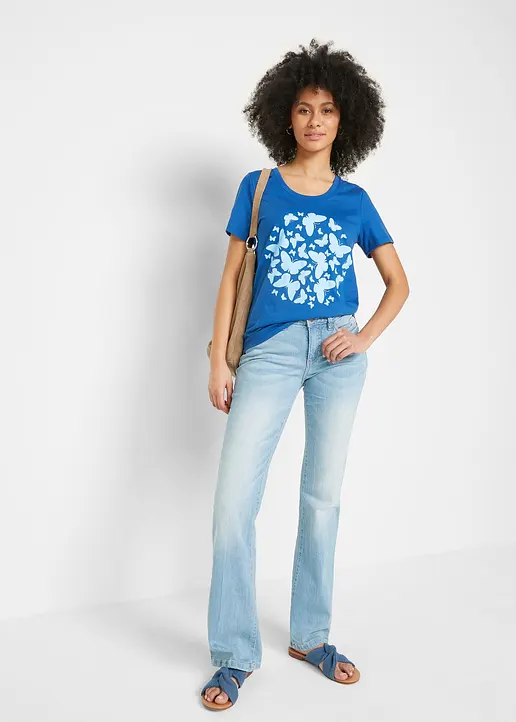 Bonprix Kurzarm-Shirt Mit Schmetterlingsprint - Blau - Damen