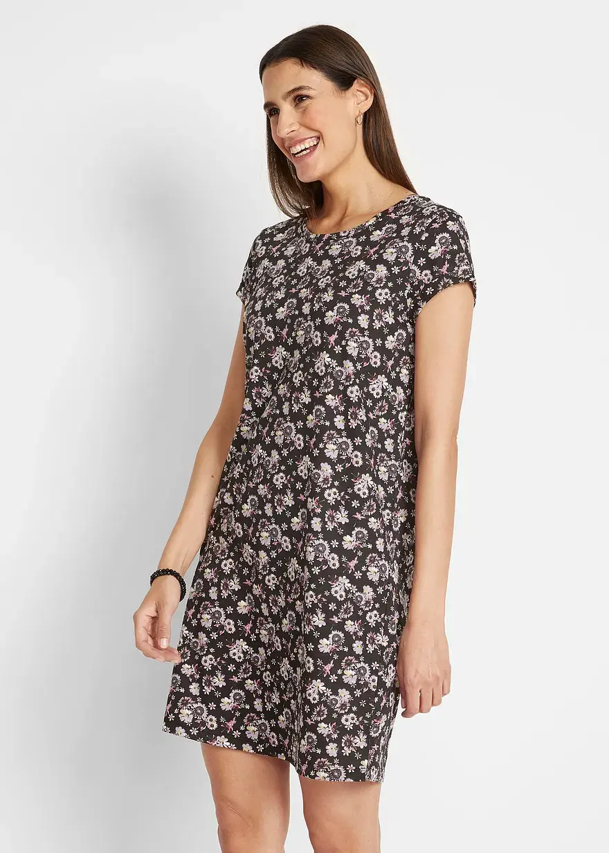 Bonprix Kurzärmeliges Basic Baumwoll-Kleid Leicht Ausgestellte Form Doppelpack