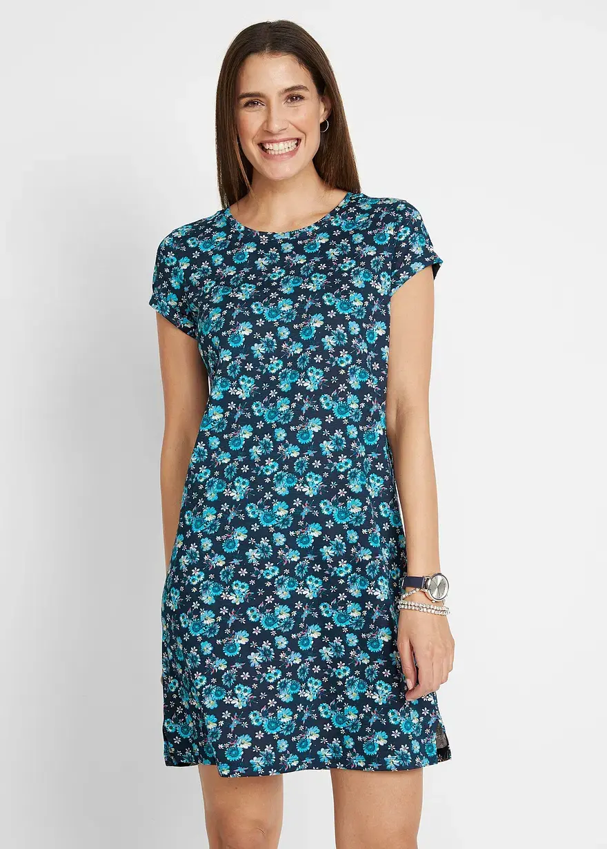 Bonprix Kurzärmeliges Basic Baumwoll-Kleid Leicht Ausgestellte Form Doppelpack