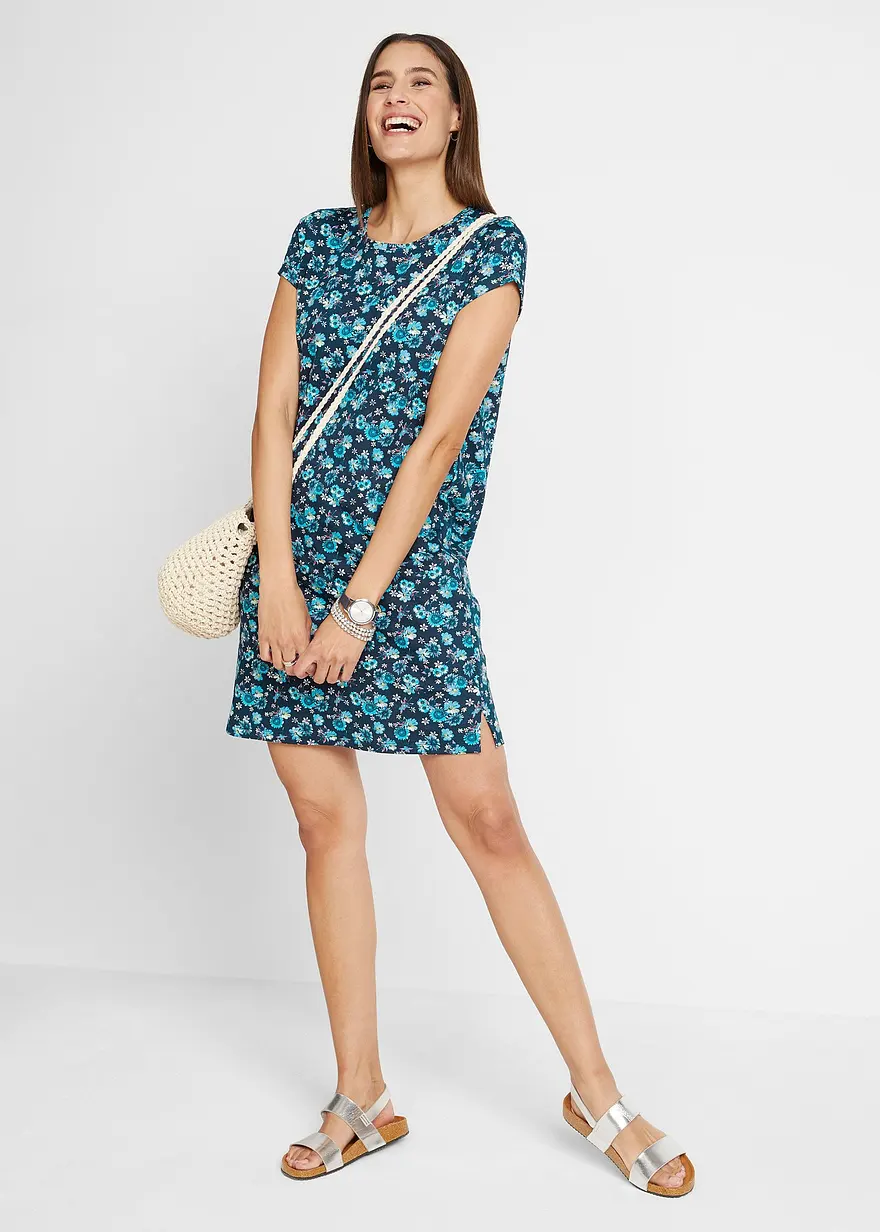 Bonprix Kurzärmeliges Basic Baumwoll-Kleid Leicht Ausgestellte Form Doppelpack