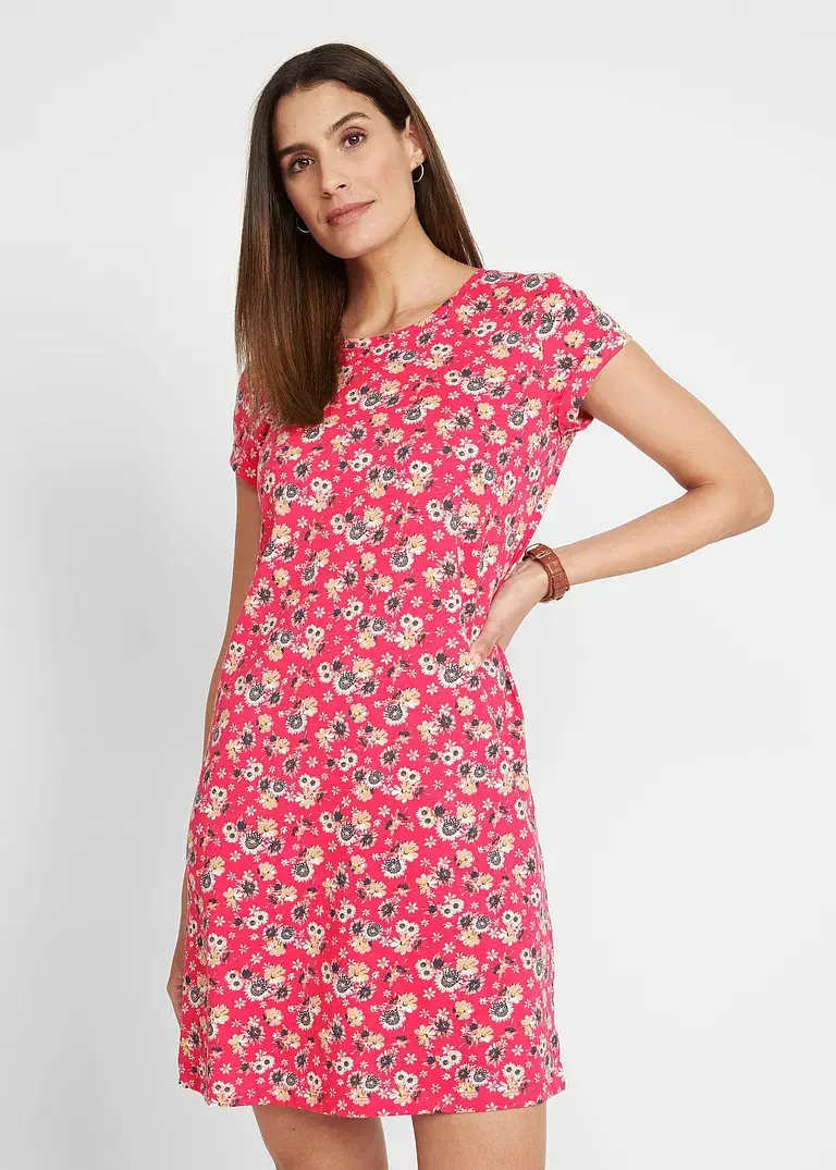 Bonprix Kurzärmeliges Basic Baumwoll-Kleid Leicht Ausgestellte Form Doppelpack