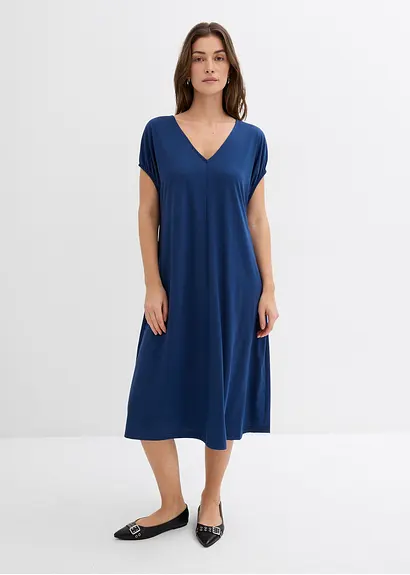 Bonprix Kurzärmliges Kleid Mit V-Ausschnitt Seitentaschen Und Ballonärmeln Die An Den Bündchen Mit Einem Elastic Versehen Sind