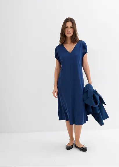 Bonprix Kurzärmliges Kleid Mit V-Ausschnitt Seitentaschen Und Ballonärmeln Die An Den Bündchen Mit Einem Elastic Versehen Sind