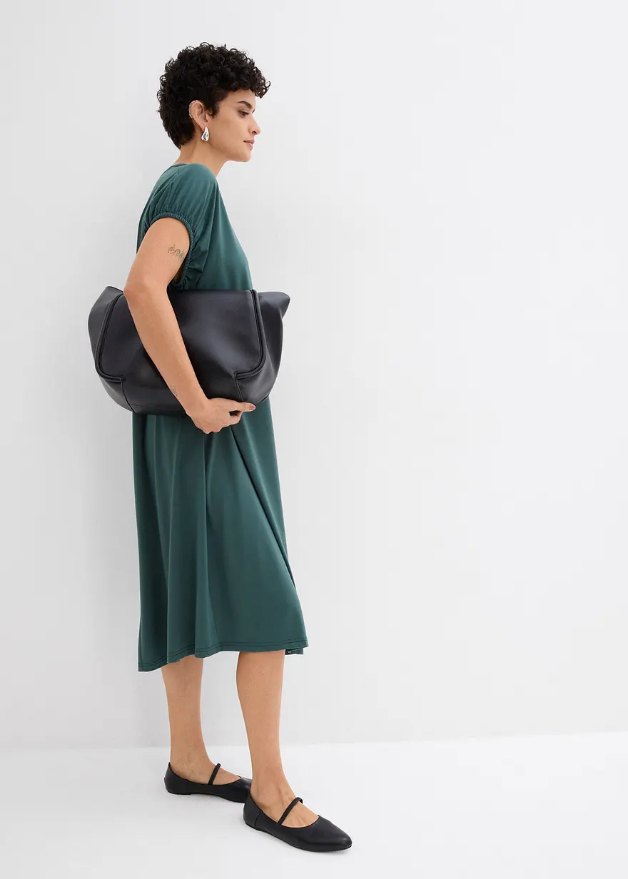 Bonprix Kurzärmliges Kleid Mit V-Ausschnitt Seitentaschen Und Ballonärmeln Die An Den Bündchen Mit Einem Elastic Versehen Sind