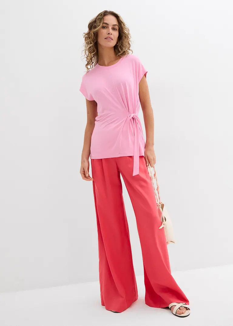 Bonprix Kurzarmshirt Mit Bindeband In Der Taille - Rosa - Damen