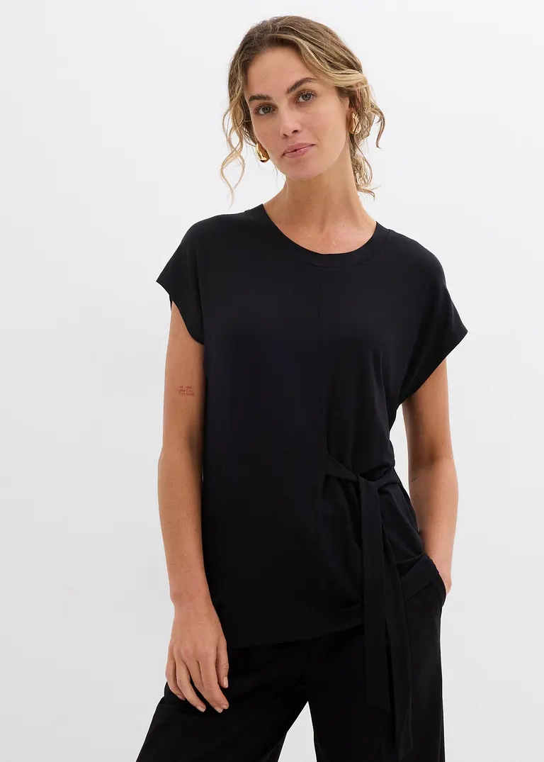 Bonprix Kurzarmshirt Mit Bindeband In Der Taille - Schwarz