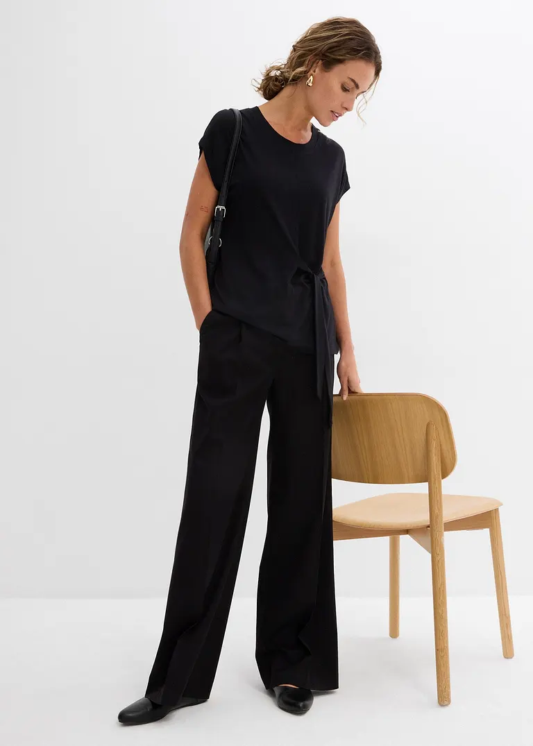 Bonprix Kurzarmshirt Mit Bindeband In Der Taille - Schwarz