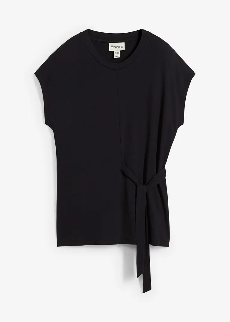 Bonprix Kurzarmshirt Mit Bindeband In Der Taille - Schwarz