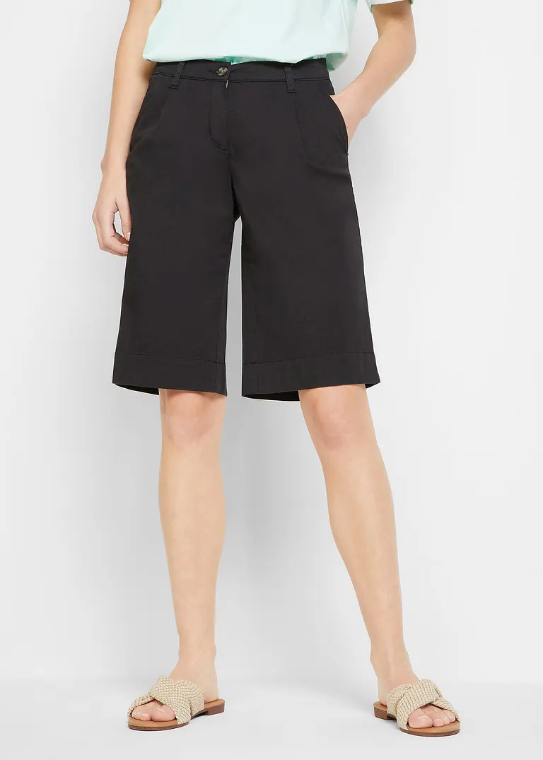 Bonprix Kurze Twill-Hose Mit Weitem Bein - Schwarz - Damen