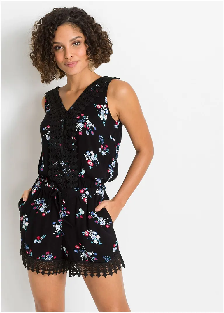 Bonprix Kurzer Jumpsuit Mit Filigranem Spitzenbesatz - Schwarz
