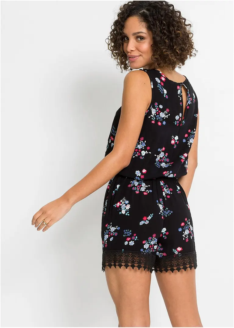 Bonprix Kurzer Jumpsuit Mit Filigranem Spitzenbesatz - Schwarz