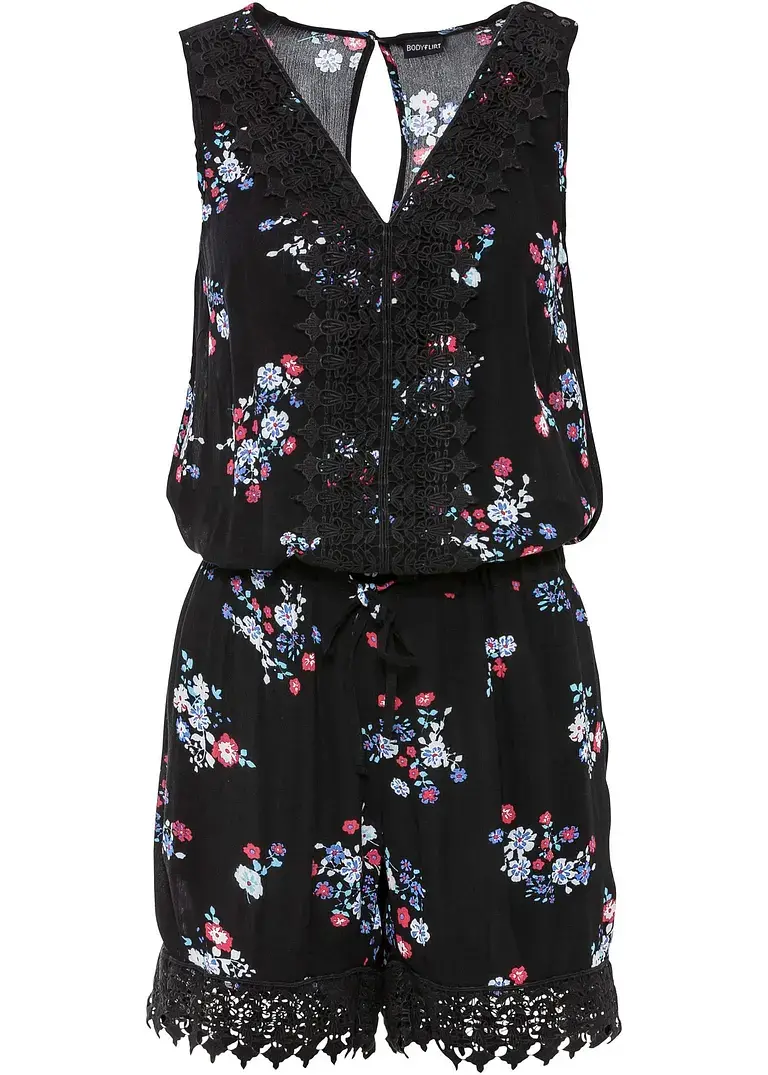 bonprix Kurzer Jumpsuit mit filigranem Spitzenbesatz - schwarz