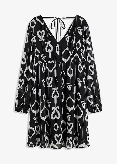 bonprix Kurzes Chiffonkleid mit V-Ausschnitt und langen Ärmeln - schwarz