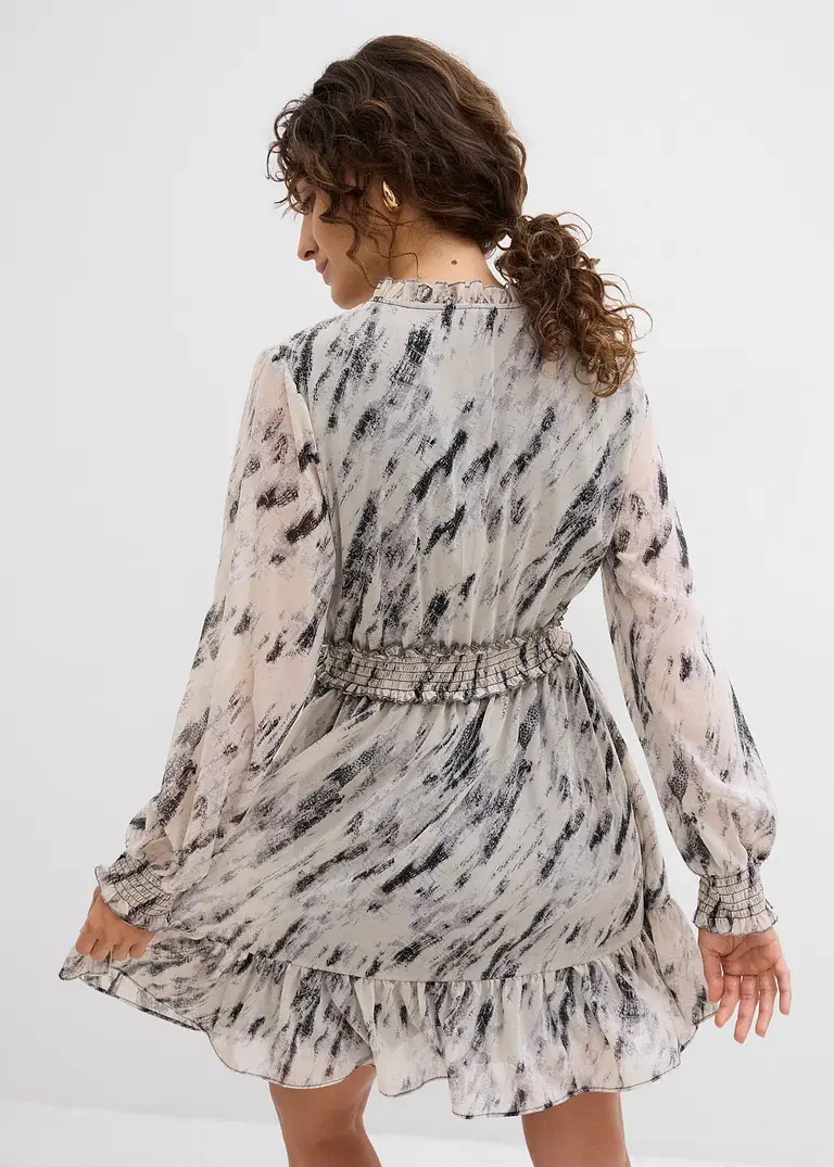 Bonprix Kurzes Chiffonkleid Mit Volants Und Langen Ärmeln - Grau - Damen