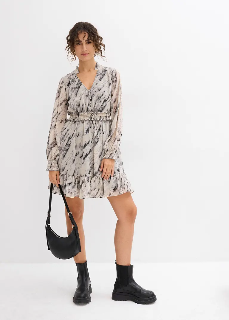 Bonprix Kurzes Chiffonkleid Mit Volants Und Langen Ärmeln - Grau - Damen