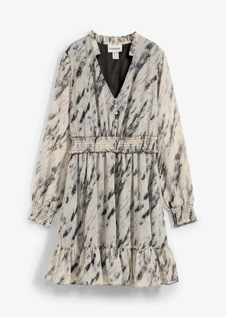 Bonprix Kurzes Chiffonkleid Mit Volants Und Langen Ärmeln - Grau - Damen