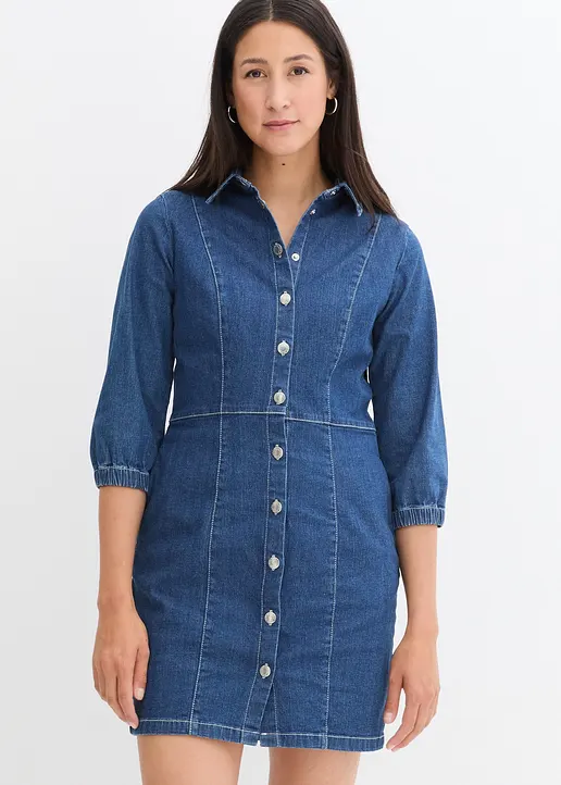 Bonprix Kurzes Jeanskleid Mit 3/4-Ärmeln - Blau - Damen