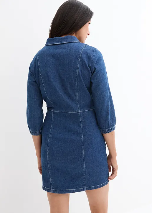 Bonprix Kurzes Jeanskleid Mit 3/4-Ärmeln - Blau - Damen