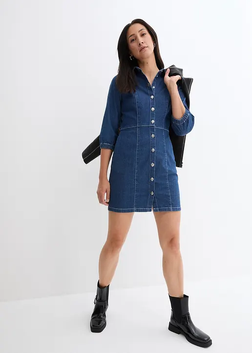Bonprix Kurzes Jeanskleid Mit 3/4-Ärmeln - Blau - Damen