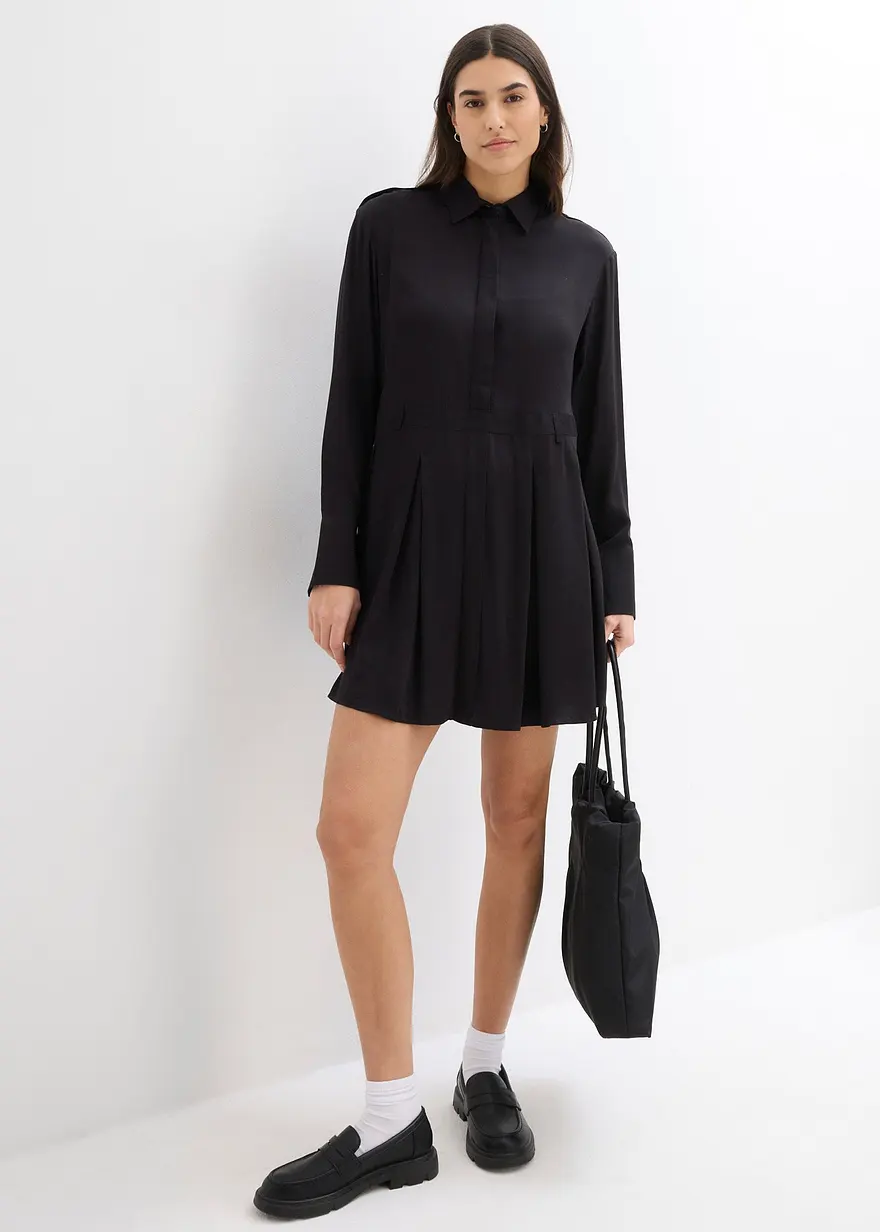 Bonprix Kurzes Kleid Mit Faltenrock Aus Zertifizierter Viskose - Schwarz