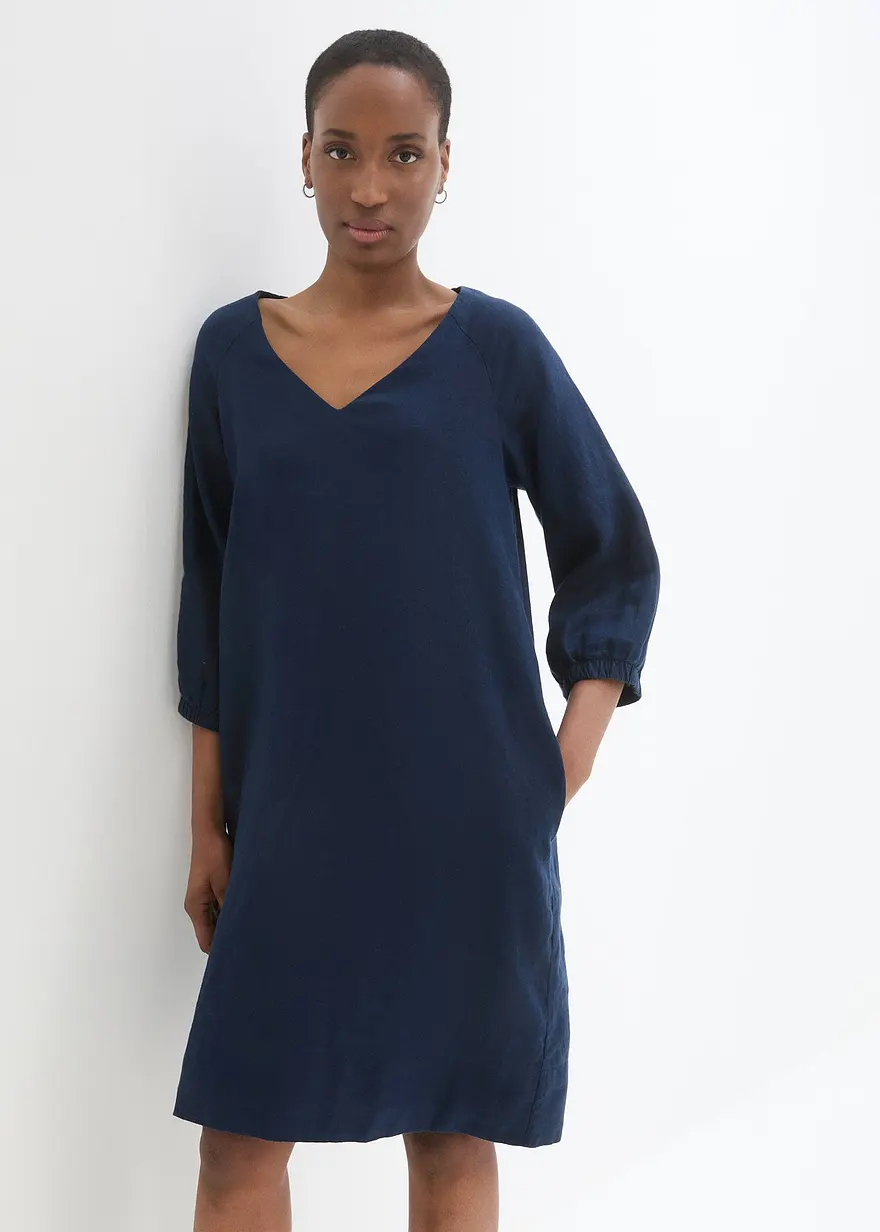 Bonprix Kurzes Leinenkleid Mit Lockerer Passform Und Raglanärmeln - Blau