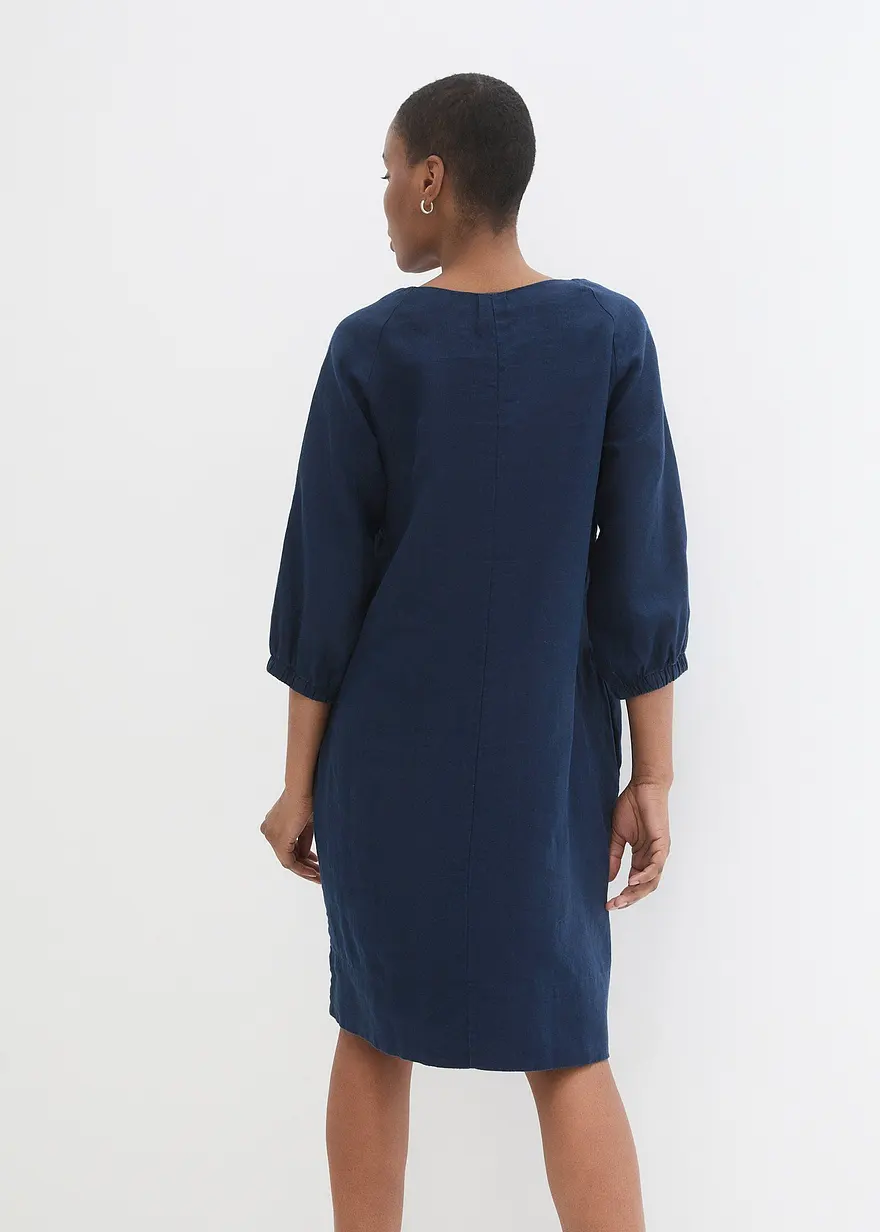 Bonprix Kurzes Leinenkleid Mit Lockerer Passform Und Raglanärmeln - Blau