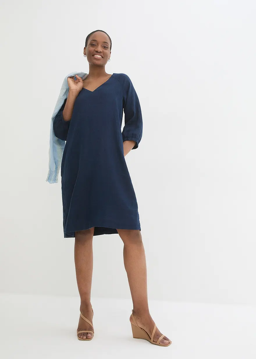 Bonprix Kurzes Leinenkleid Mit Lockerer Passform Und Raglanärmeln - Blau