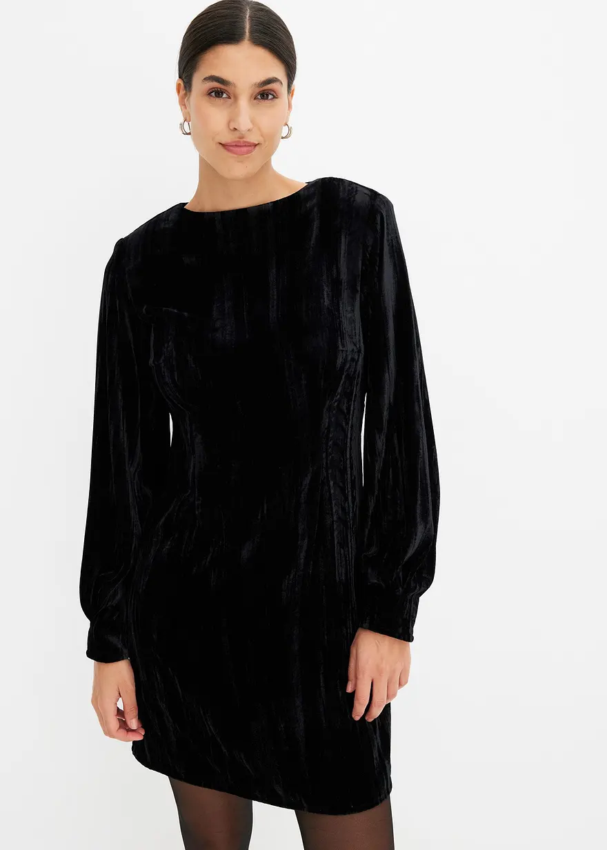 Bonprix Kurzes Samtkleid Mit Schulterpolstern - Schwarz - Damen