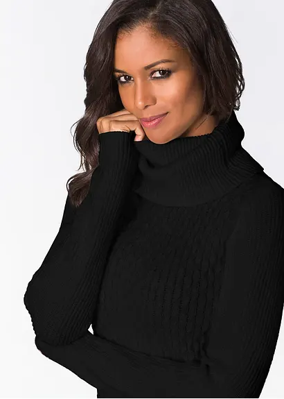 Bonprix Kurzes Strickkleid Mit Rollkragen - Schwarz - Damen