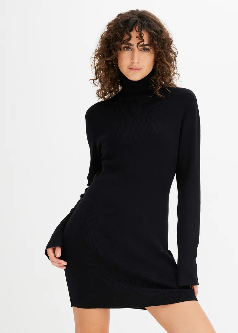 Bonprix Kurzes Strickkleid Mit Stehkragen - Schwarz - Damen