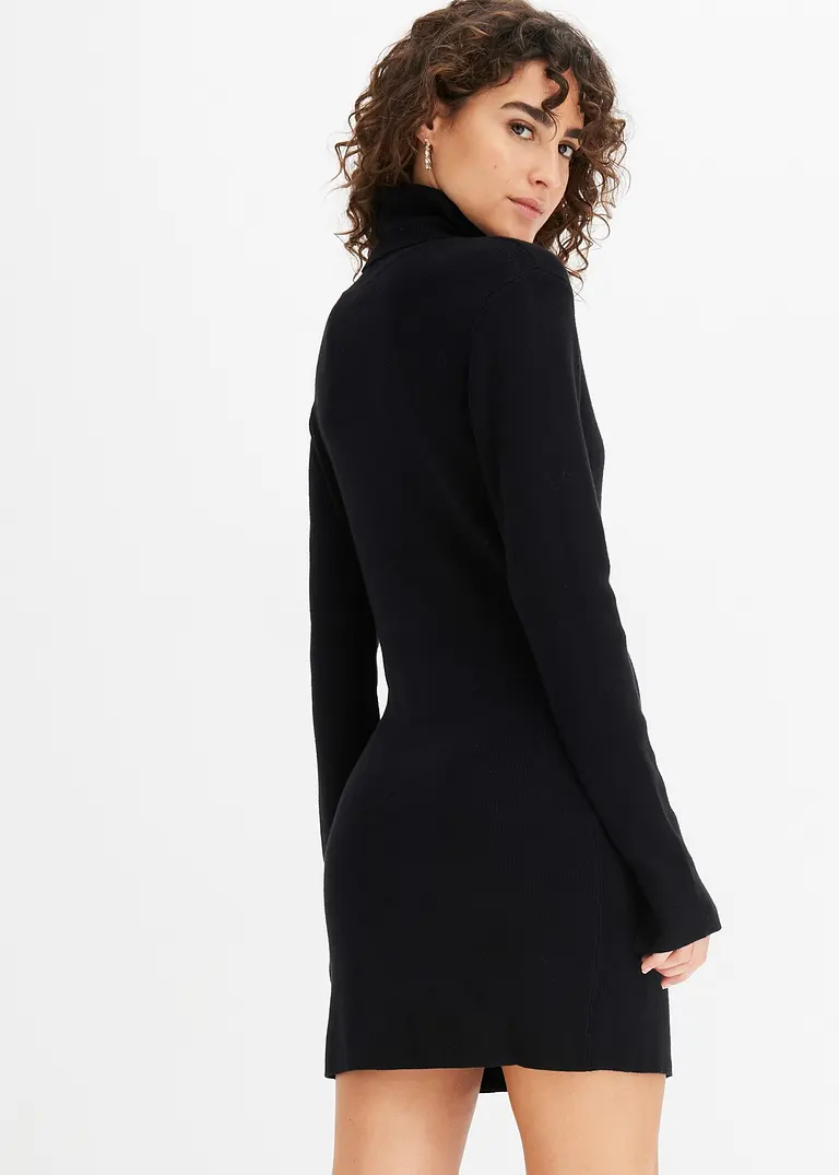 Bonprix Kurzes Strickkleid Mit Stehkragen - Schwarz - Damen