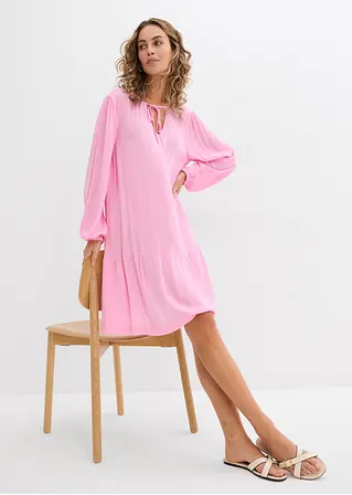 Bonprix Kurzes Stufenkleid Mit Bindeband Am Ausschnitt - Rosa