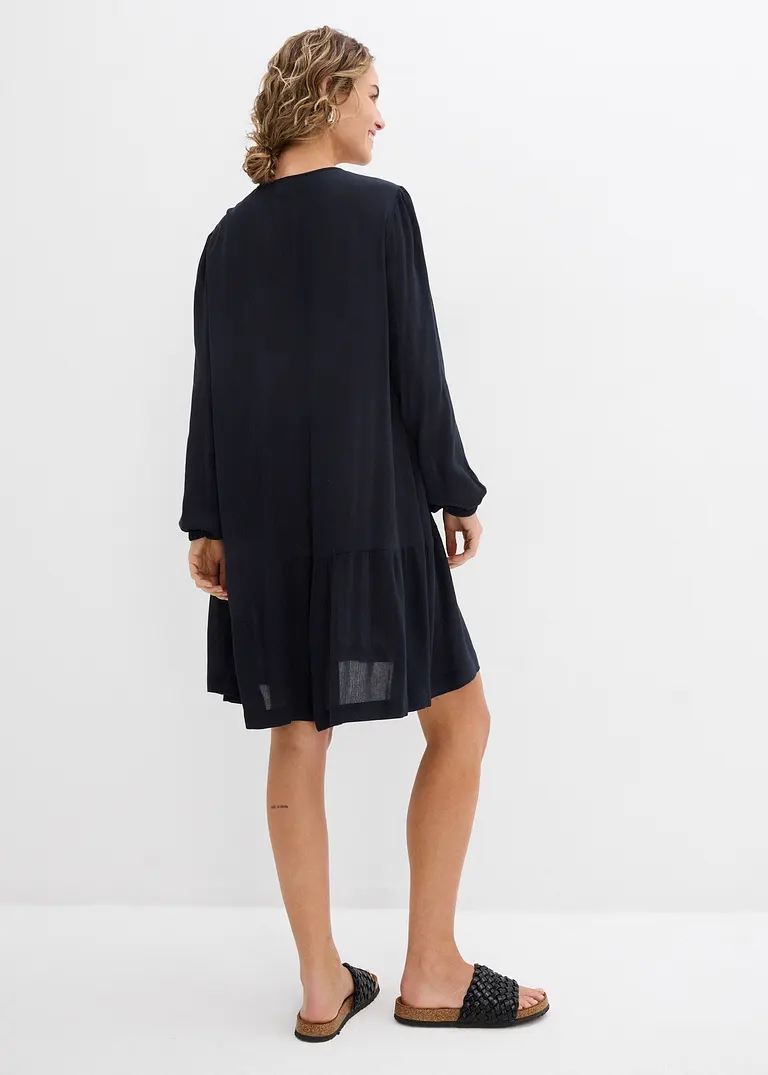 Bonprix Kurzes Stufenkleid Mit Bindeband Am Ausschnitt - Schwarz - Damen