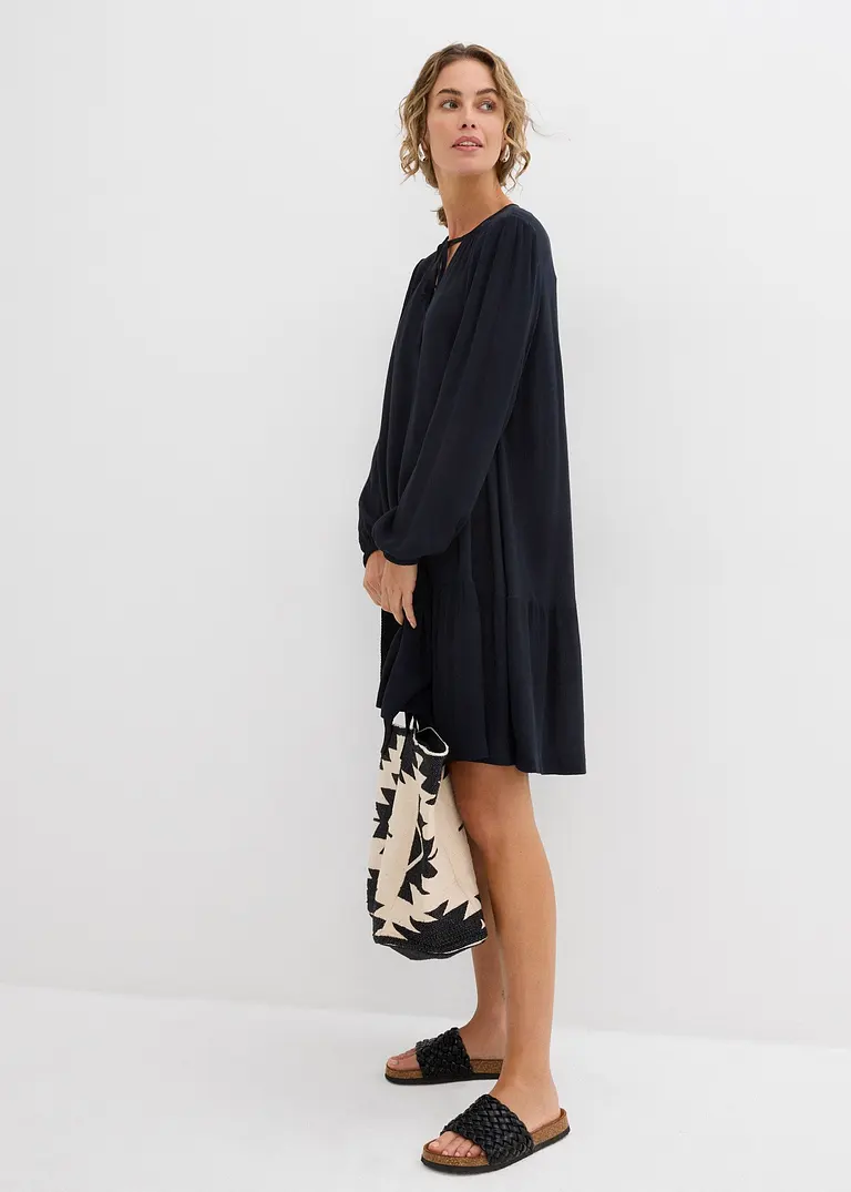 Bonprix Kurzes Stufenkleid Mit Bindeband Am Ausschnitt - Schwarz - Damen