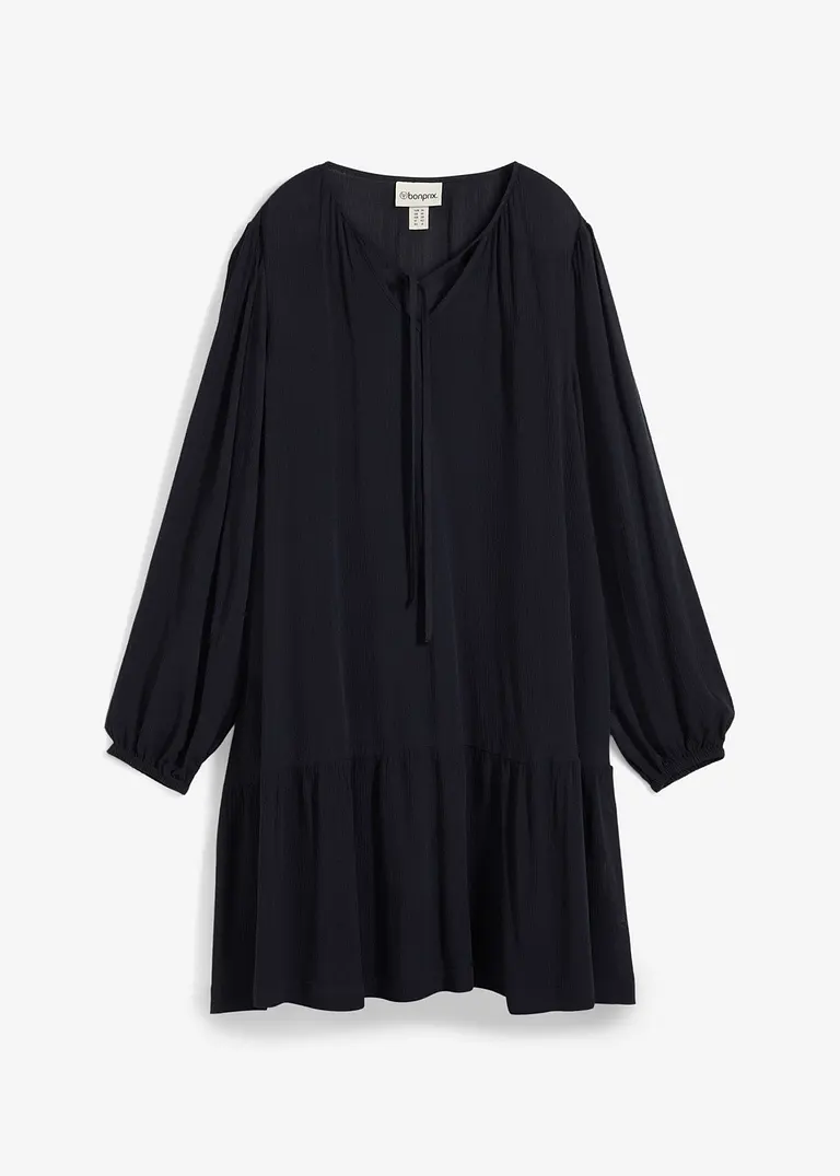 Bonprix Kurzes Stufenkleid Mit Bindeband Am Ausschnitt - Schwarz - Damen