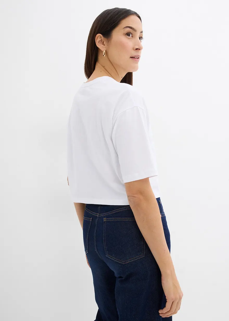 Bonprix Kurzes T-Shirt Aus Reiner Baumwolle Mit Perlendruck - Weiß