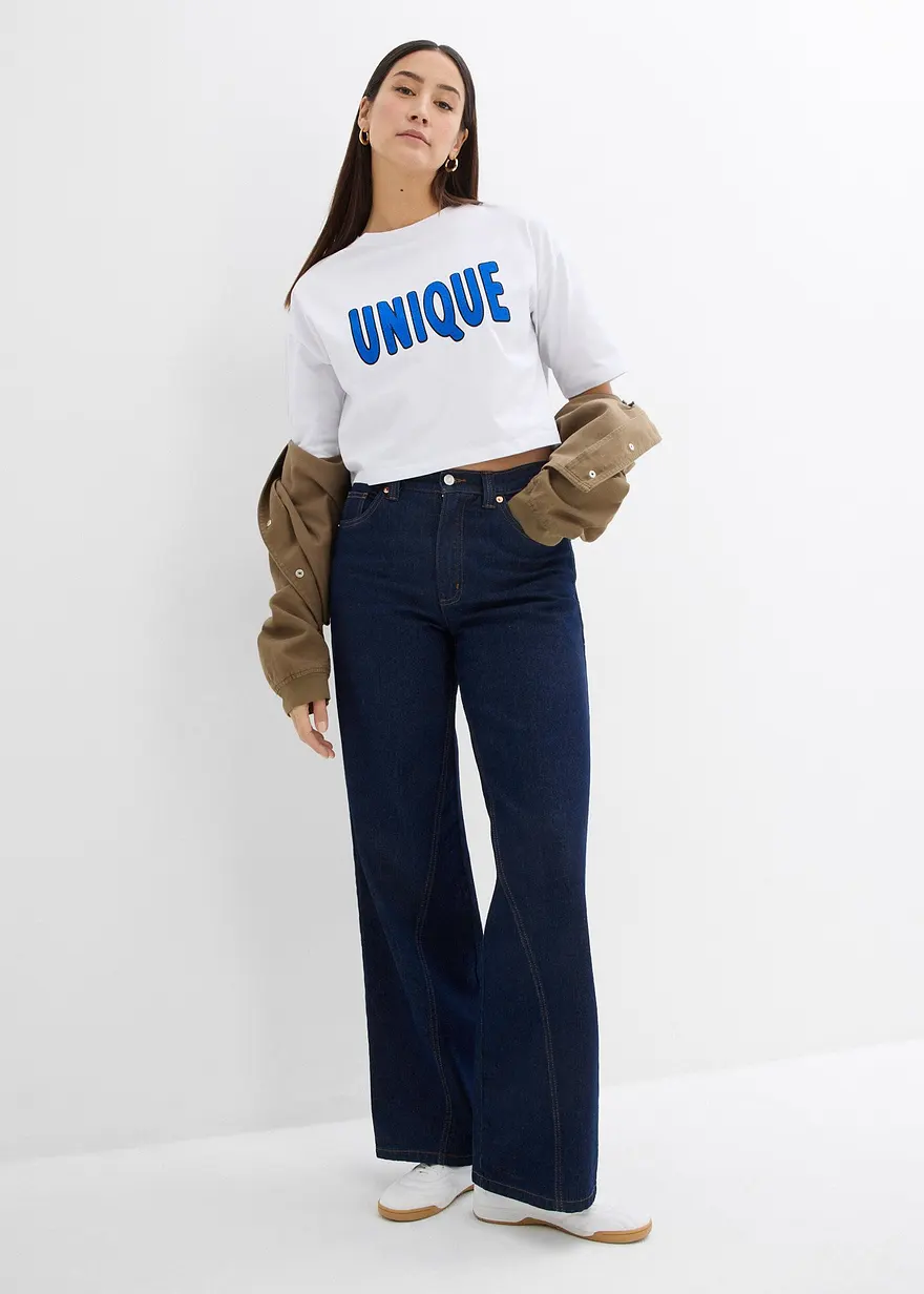 Bonprix Kurzes T-Shirt Aus Reiner Baumwolle Mit Perlendruck - Weiß