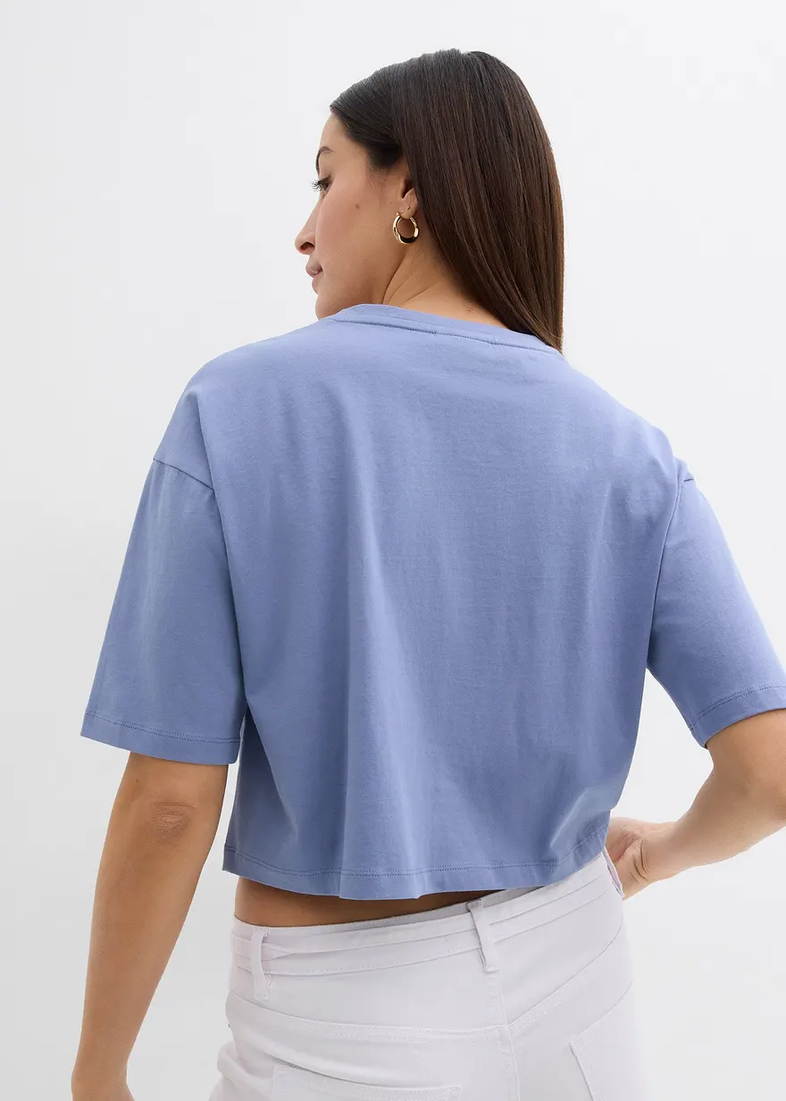 Bonprix Kurzes T-Shirt Aus Reiner Baumwolle Mit Perlendruck - Blau