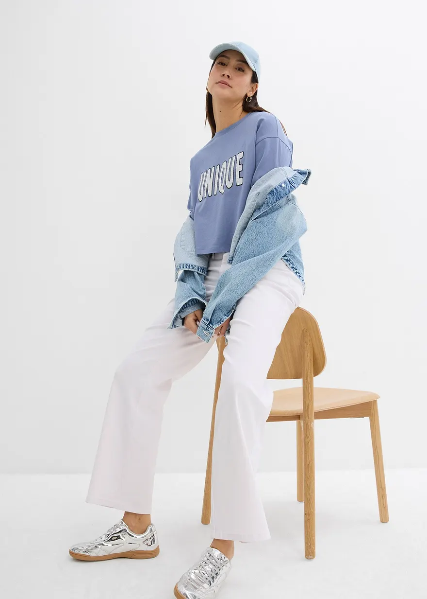 Bonprix Kurzes T-Shirt Aus Reiner Baumwolle Mit Perlendruck - Blau