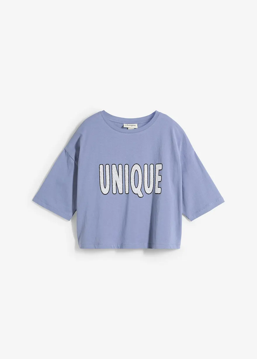 bonprix Kurzes T-Shirt aus reiner Baumwolle mit Perlendruck - blau