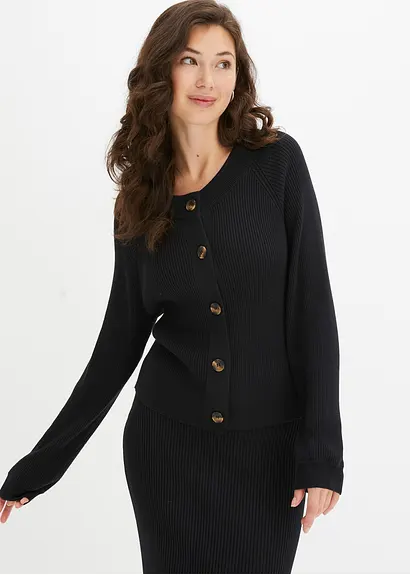 Bonprix Kuschelige Strickjacke Mit Knöpfen - Schwarz - Damen