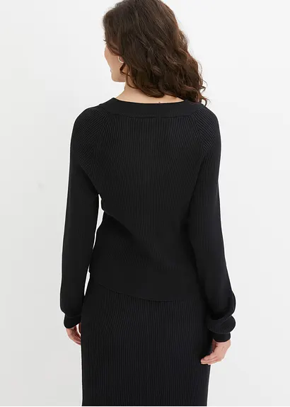 Bonprix Kuschelige Strickjacke Mit Knöpfen - Schwarz - Damen