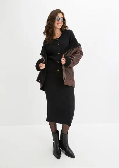 Bonprix Kuschelige Strickjacke Mit Knöpfen - Schwarz - Damen