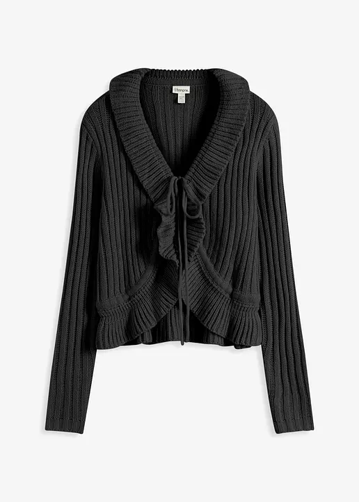 bonprix Kuschelige und feminine Strickjacke mit Bindeband - schwarz