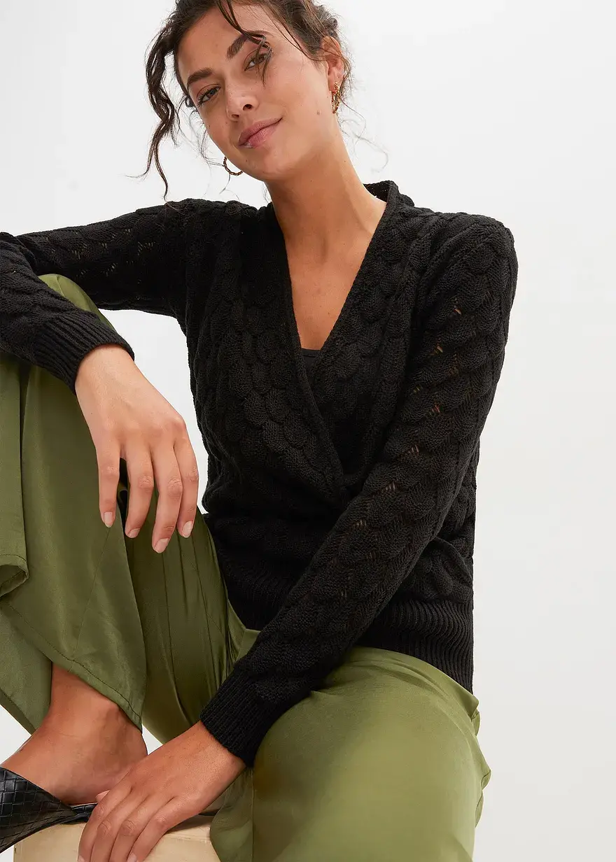 Bonprix Kuscheliger Ajour-Pullover In Modischer Wickeloptik. - Schwarz